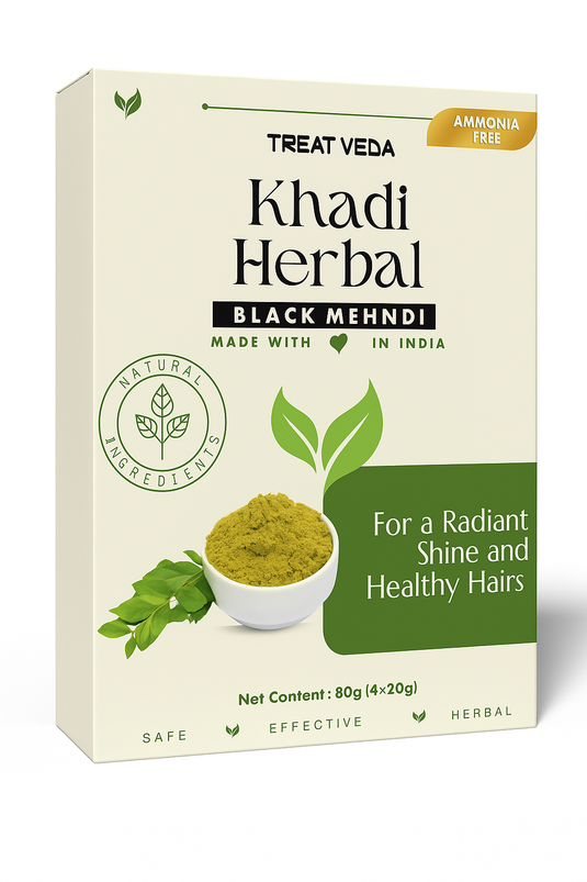 Treat Veda Khadi Herbal Black Mehndi, 100% Natural Ingredients Hair Colour, Ammonia Free with Goodness of Neem Long-lasting Natural BLACK, 160 g (80g X Pack of 2) | Made in India
